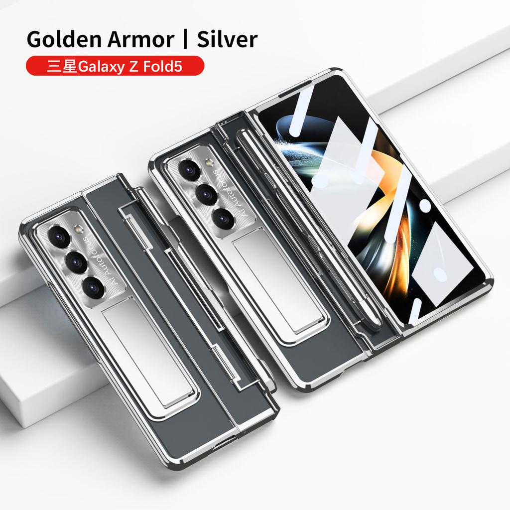 Plating Clear Armor Hinge Case for Samsung Galaxy Z Fold 6 5 4 3 with Touch Pen 360 Full Protector Shockproof Kickstand Cover