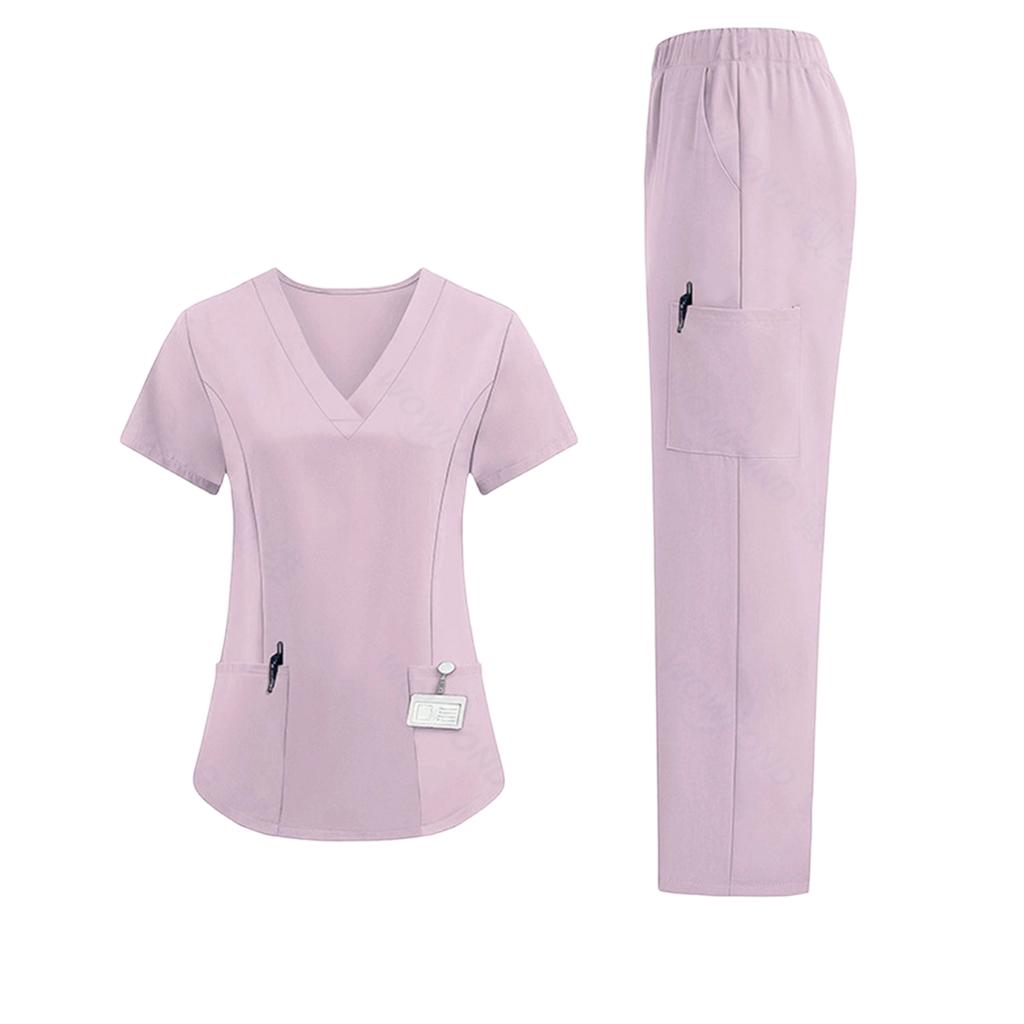 Ladies' Loose And Comfortable V-neck Short Sleeved Workwear With Multiple Pockets Suit Set