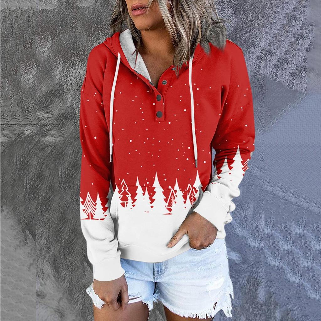 Women's Fashion Long Sleeved Christmas Tree Snowflake Printed Hoodie Top