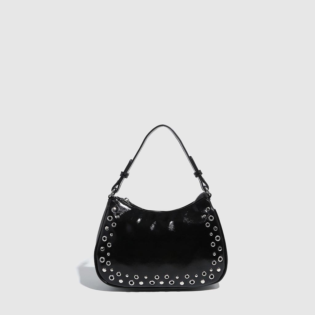 Ielgy Ladies Rivets Hollow Adjustable Portable Baguette Bag Punk Underarm Bag