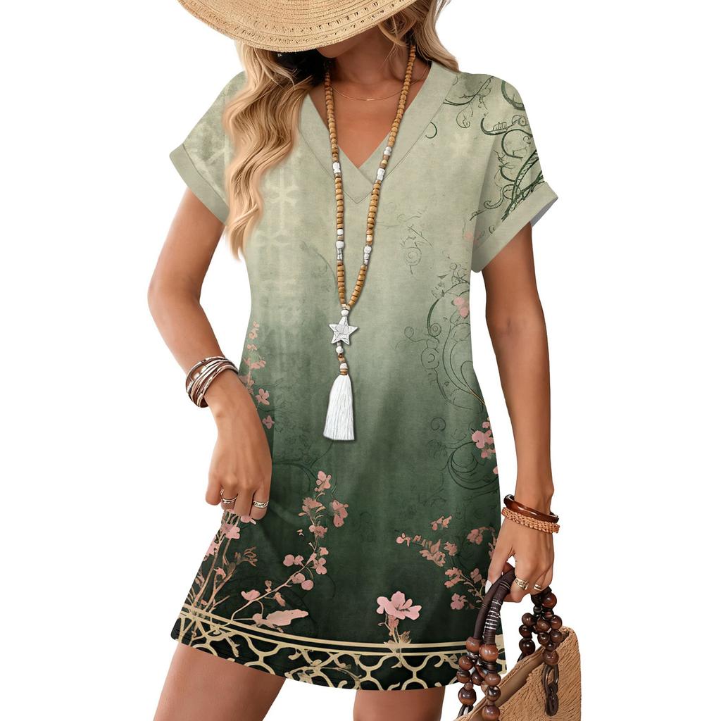 Women's Fashionable Floral Print V-neck Short Sleeved Pocket Casual Pullover Dress