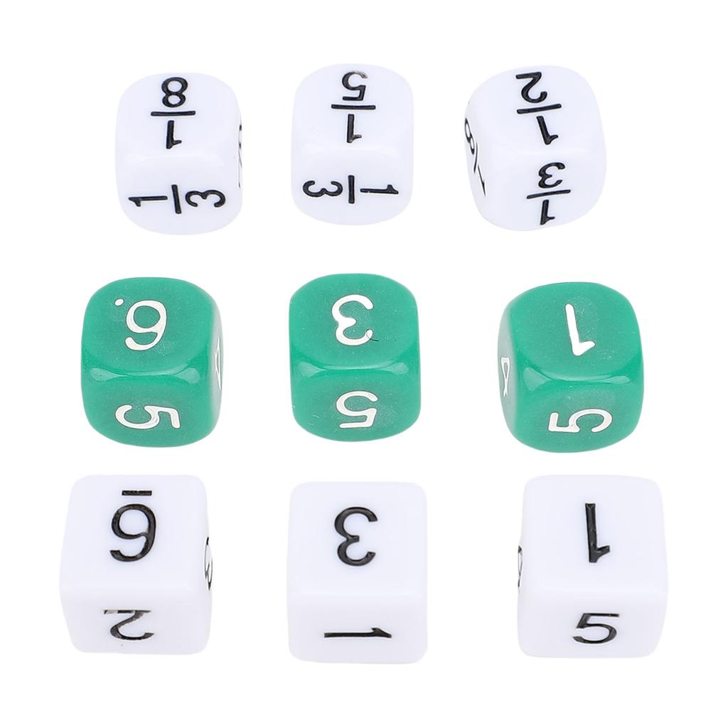 30PCS 6 Sided Number Dice Plastic White Green 16mm Fraction Dice Set for Board Games Math Teaching