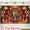 2D Flat Banner Birthday Backdrop Sweet 16 Red Gold for Girls Themed Party Photos