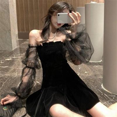 Primavera Verão Malha Manga Bolha Saia Preta Sem Alças Cinturado Vestidos Bufantes