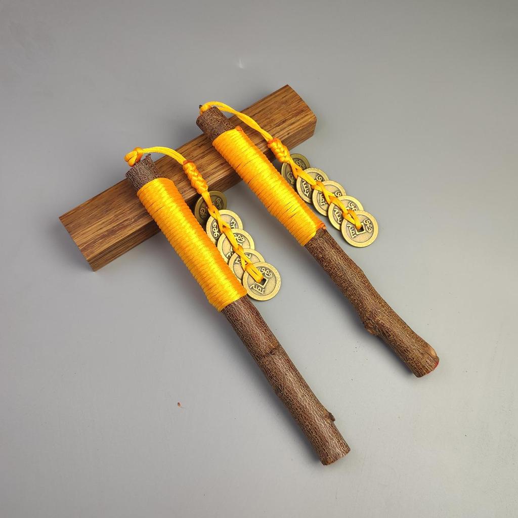 Handmade Peach Wood Pendant with Five Emperors Coins for Baby's Bedside