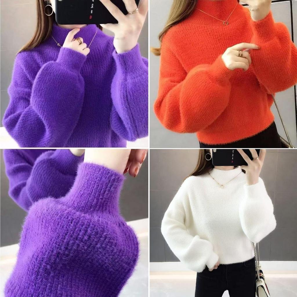 Duyinyan Puff Sleeve High Neck Knit Sweater for Fall and Fluffy Shaggy Knit Soft and Solid Stretch Long Everyday Size Black Women's Winter, Pullover,