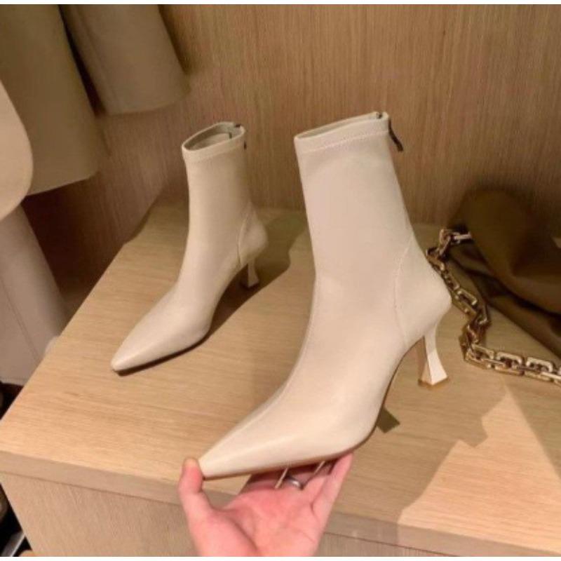 Women High Heel Short Leather   New Boots Female Pointed Thin Heel  Ladies Ankle Short Boots Botas De Mujer 2024