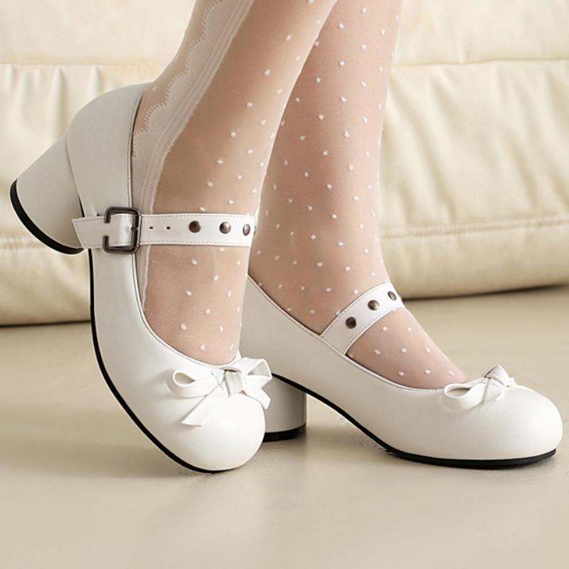 Women's Round Heels Mary Janes Shoes 2025 Fashion Black White Medium Heeled Office Dance Wedding Shoes for Girls Big Size 45 48