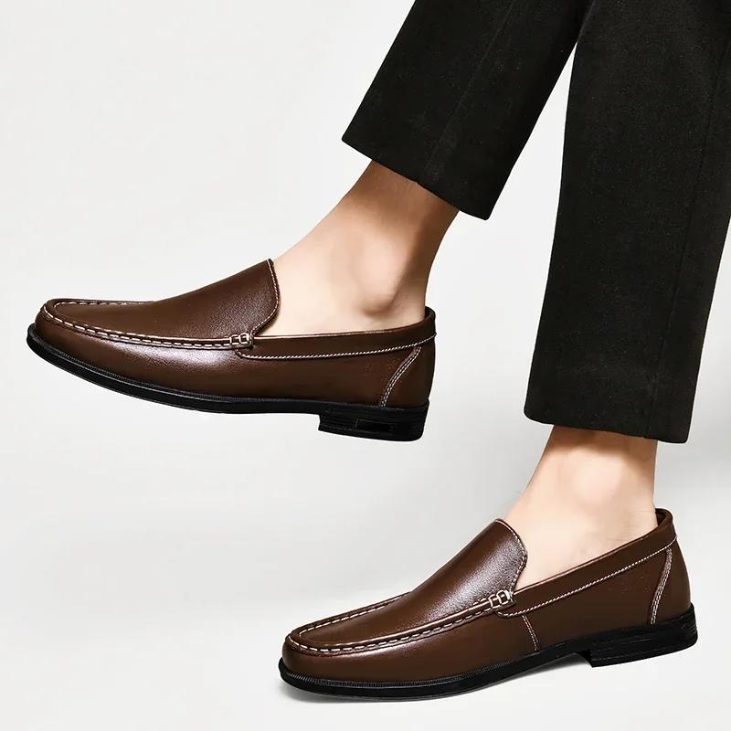 Genuine Leather Men Loafers Slip On Business Casual Leather Shoes Classic Soft Moccasins Breathable Men Flats Soft Driving Shoes