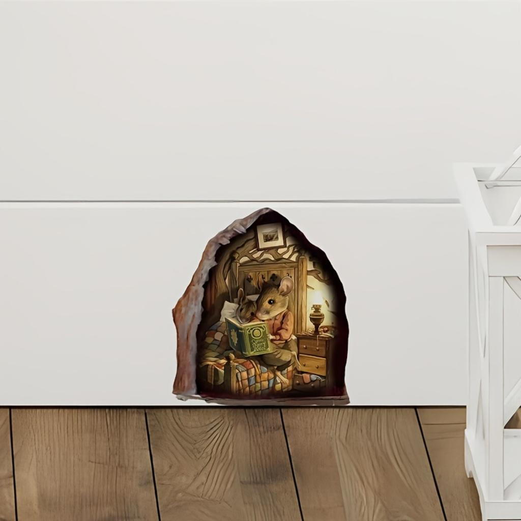1PC 3D Mouse Hole Wall Sticker - Waterproof & Residue-Free, Cute Reading Mouse Design for Aesthetic Home Decor & Corner Reading Nook Decoration