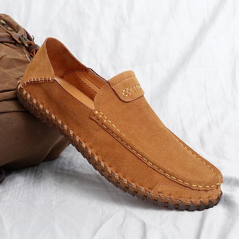 Men Loafers Handmade Sewn Moccasins Slip-on Male Flats Leather Casual Lightweight Men Shoes Daily Commute Footwear Driving Shoes