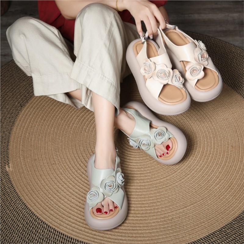 

Johnature Flower Thick Soled Sandals Genuine Leather Comfortable Ethnic Style Women s Flat Platform Shoes 35 зелений