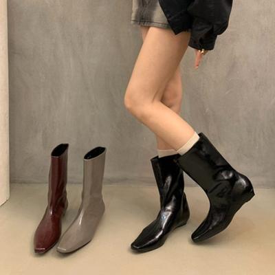 Designer Square Toe Women Slimming Knight Boots Elegant Female Slip On Wedges Low Heel Mid Calf Booties Zapatos De Mujer