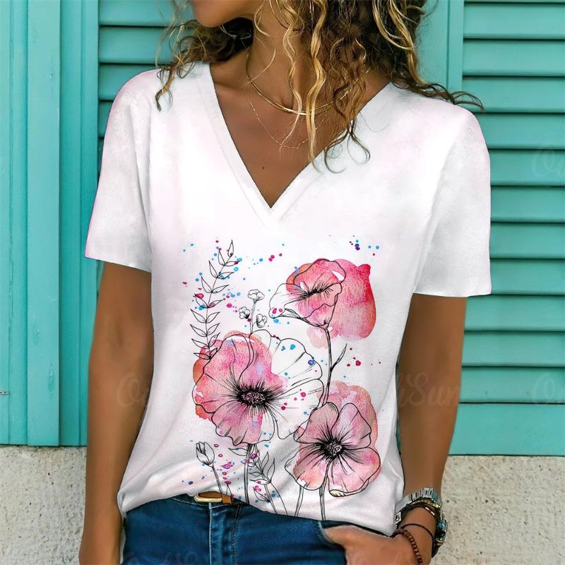 Plus Size 1XL-5XL Women's Summer V-neck Fashion Geometric Print T-shirt Women Casual Short Sleeved T-shirt