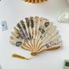 Chinese Retro Flower Ink Painting Style Pattern Women Silk-cloth Folding Fan Traditional Art Curved Bone Dance Fan with Tassel