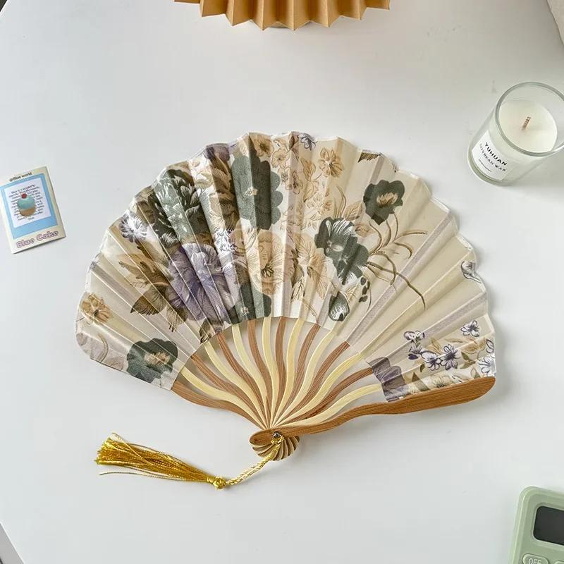 Chinese Retro Flower Ink Painting Style Pattern Women Silk-cloth Folding Fan Traditional Art Curved Bone Dance Fan with Tassel