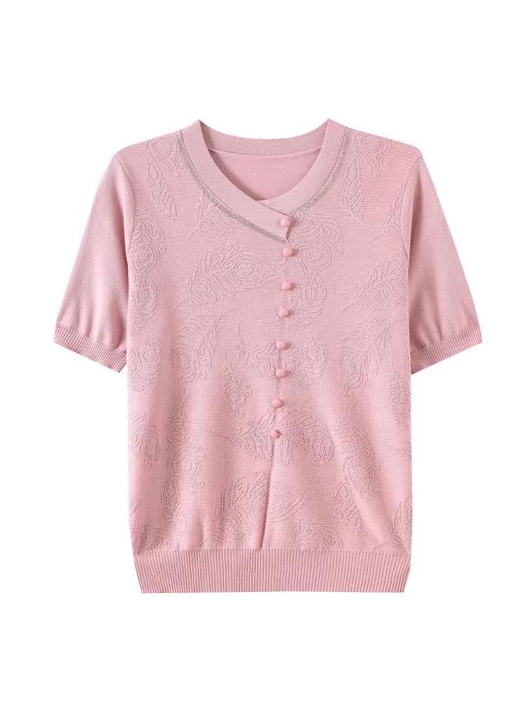Ice Silk Short-Sleeve Women's T-Shirt: 2026 Fashionable, Elegant, Thin Knit, Summer Top for Middle-Aged Women.