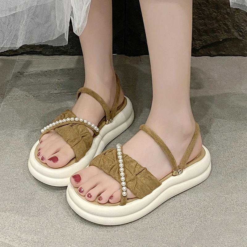 Fashion French Style Cross Pearl Platform Slides for Women New Pleated Thick Soled Sandals Woman Summer 2025 Non Slip Slippers Mujer