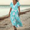 Fashion Women's Summer V-neck Short Sleeve Cotton And Linen Vintage Floral Print Beach Dress