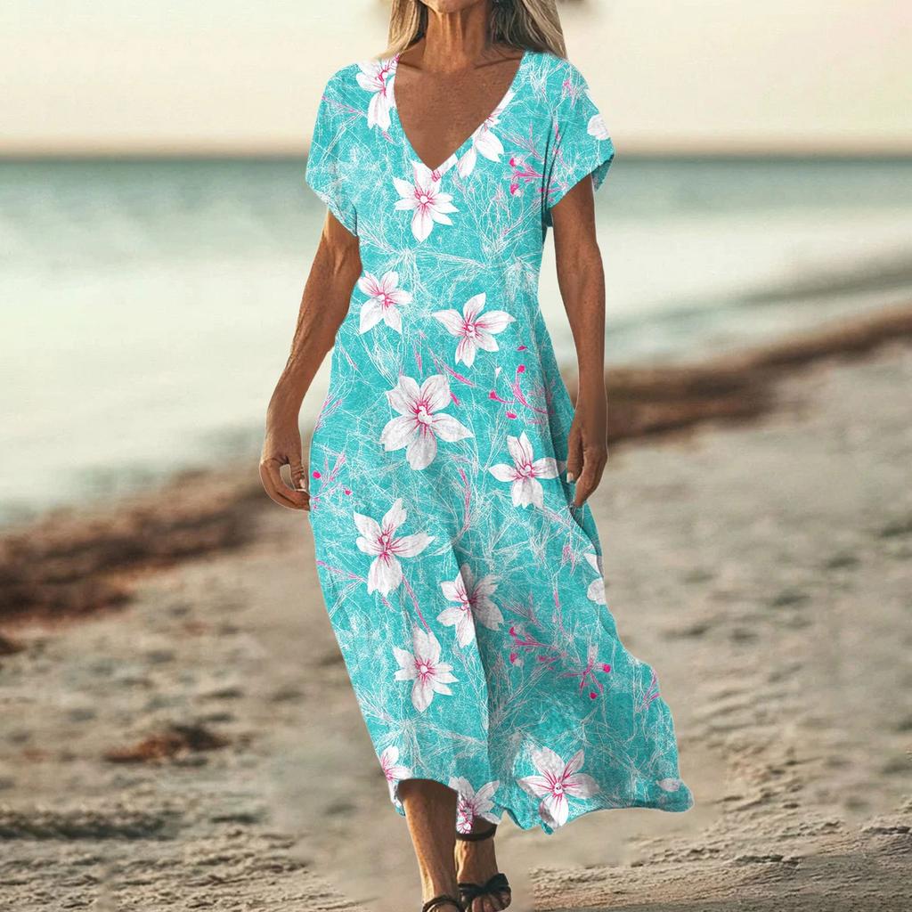 Fashion Women's Summer V-neck Short Sleeve Cotton And Linen Vintage Floral Print Beach Dress