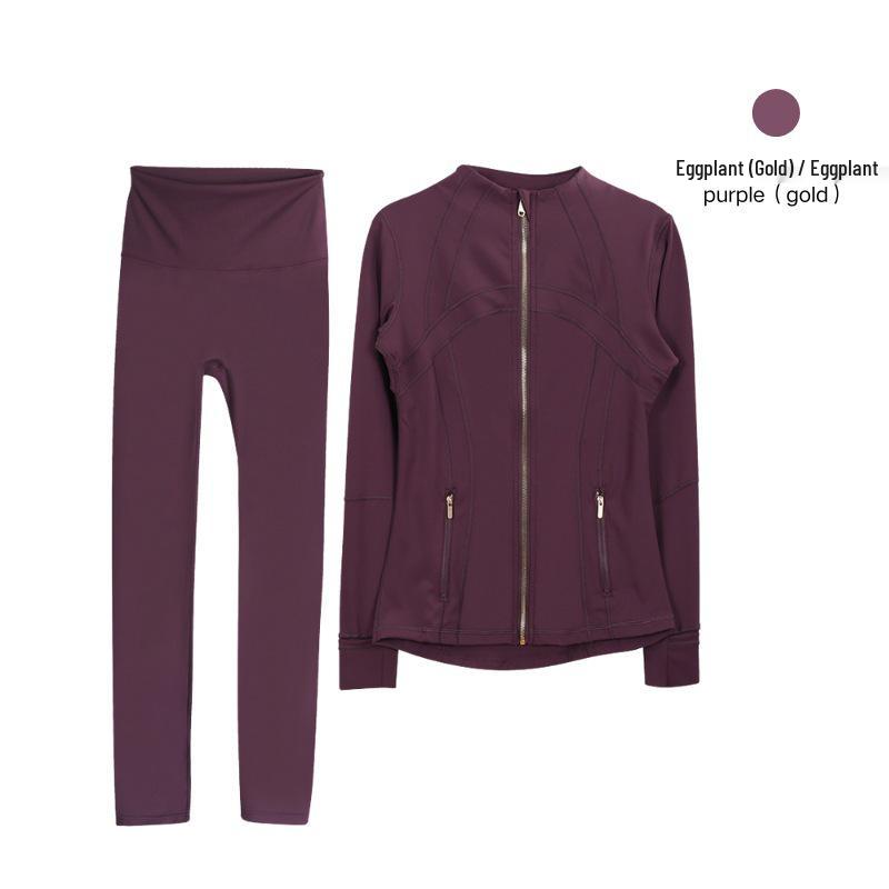 Lulu Original Gold Zipper Stand Collar Jacket & Cropped Yoga Pants Set - Women's Long Sleeve Tight Sports Suit