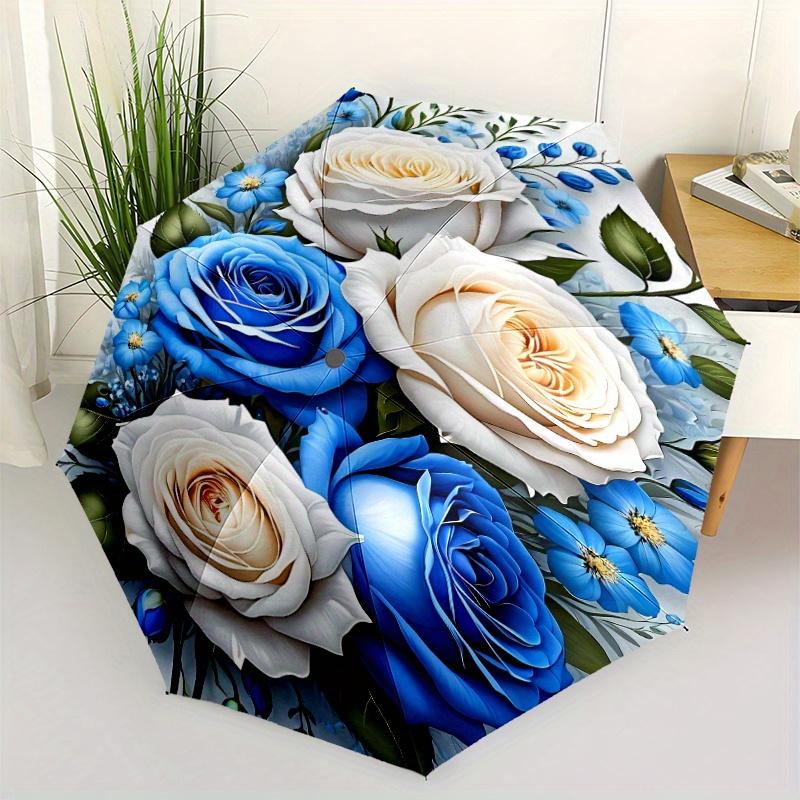 

Automatic Open/Close Umbrella with Shield & - Blue Roses & White Floral Design, Sturdy 8-Rib Construction - Elegant Floral Umb Iron&8K