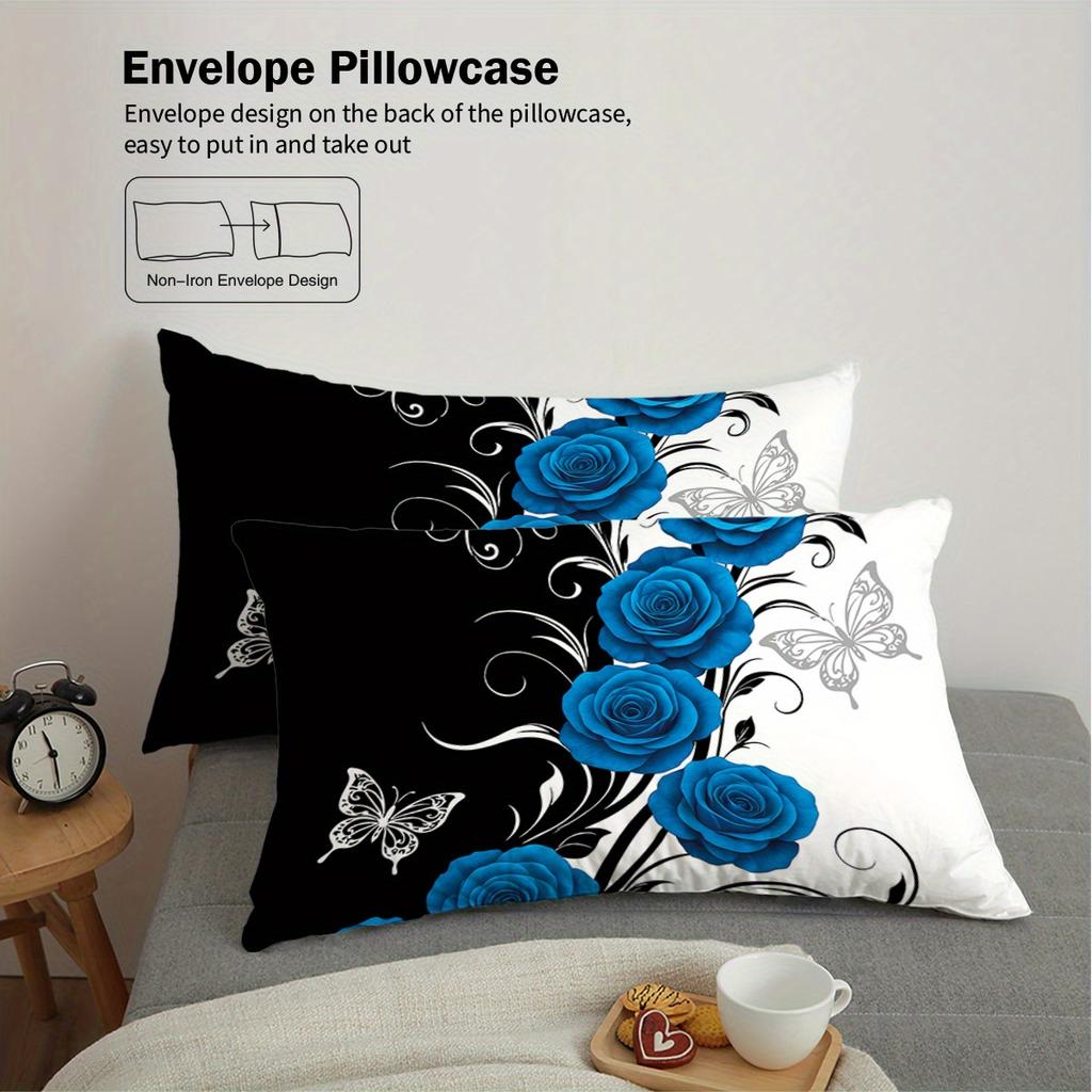 3pcs Blue Rose Patterned Duvet Cover Set (1 Duvet Cover, 2 Pillowcases, No Filling), White Butterfly Bedding Set, Soft