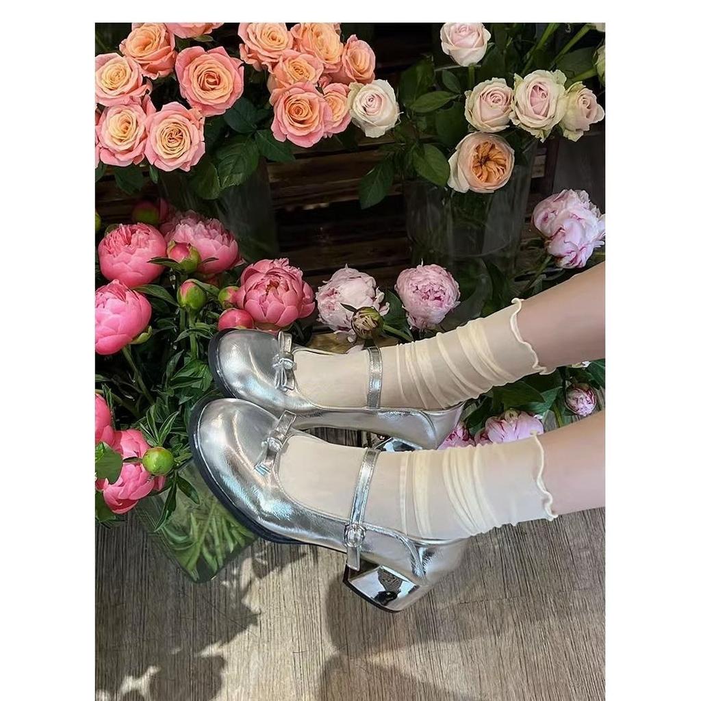 French Mary Jane Shoes Women's 2025 Autumn New Korean Version Silver Thick Heel Light Mouth with Skirt Round Head Single Shoes