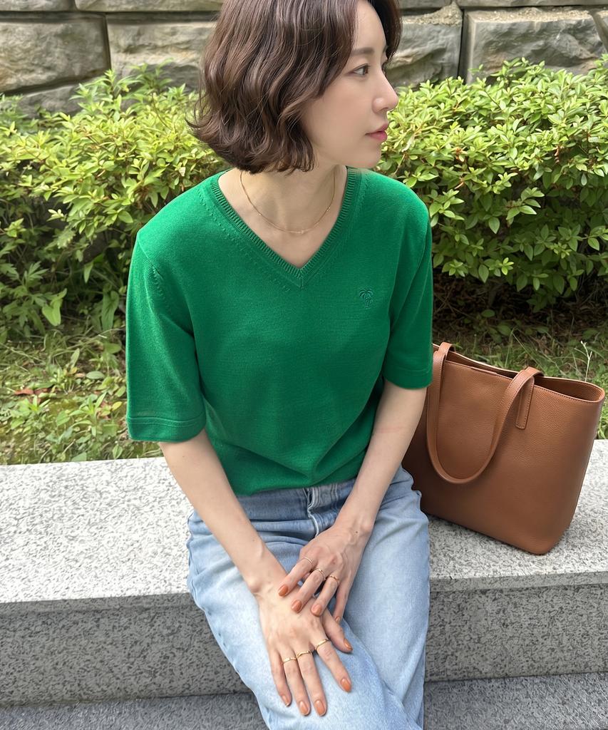 Seuneogeuyu Ether Palm Silk V-Neck Short Sleeve Knit Pullover_Green_S M