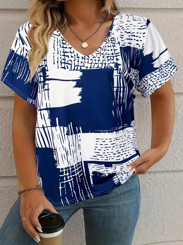 Sommer Kariertes Damen V-Ausschnitt T-Shirt Outdoor Lässig Kurzarm Tops Kariert Bedruckt Trendy Peplum Übergröße Damenbekleidung