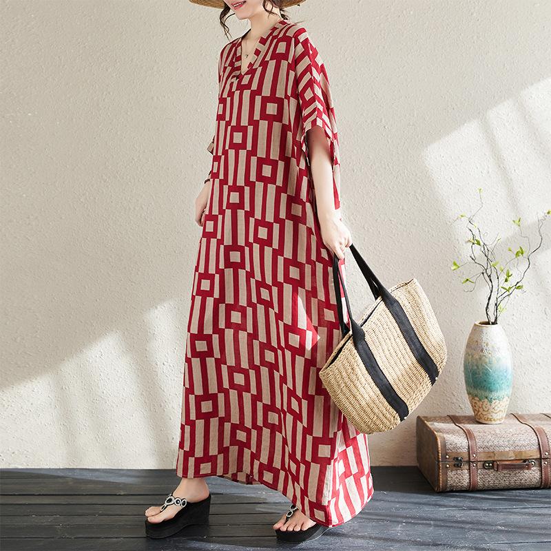 

Богемное ретро-печать с v-образным вырезом, платье больших размеров, новое модное универсальное литературное свободное длинное платье для женщин One Size красный