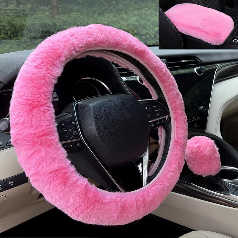 Furry Car Steering Wheel Cover, Fluffy Cover, Soft Warm Plush Non-Slip, 14 1/2-15 Inch, For Women Girls, Pink
