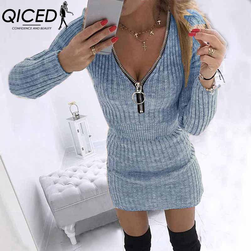 QICED S-5XL Autumn Winter Womens Wrap Skirts Zipper Waist Long Sleeve Knitted Dress Hips