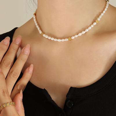 Small Gold Cylinder Splicing Irregular Oval Freshwater Pearl Necklace Unique Design Style French Non-Fading Neck Chain