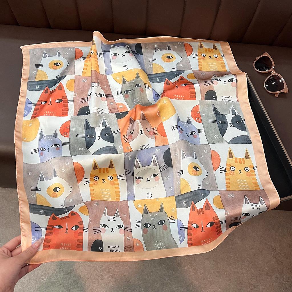 Lightweight Printed Small Square Scarf for Women, Cute Cat Floral Neck Warmer Windproof Bandana Hair Band Silk Scarf for Women