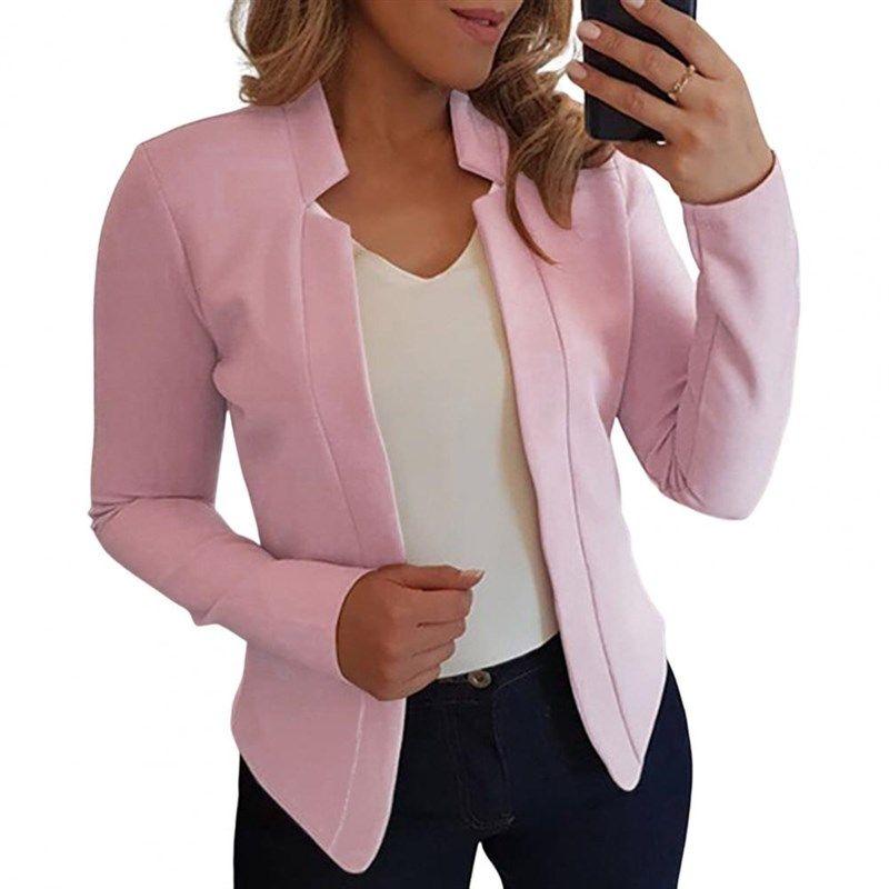 

Solid Color Slim Fit Women Blazer Jacket Notched Collar Open Light Pink 4XL