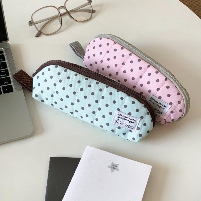 Cute Polka Dot Quilted Pencil Case Large Capacity Portable Strap For School Office Students Use