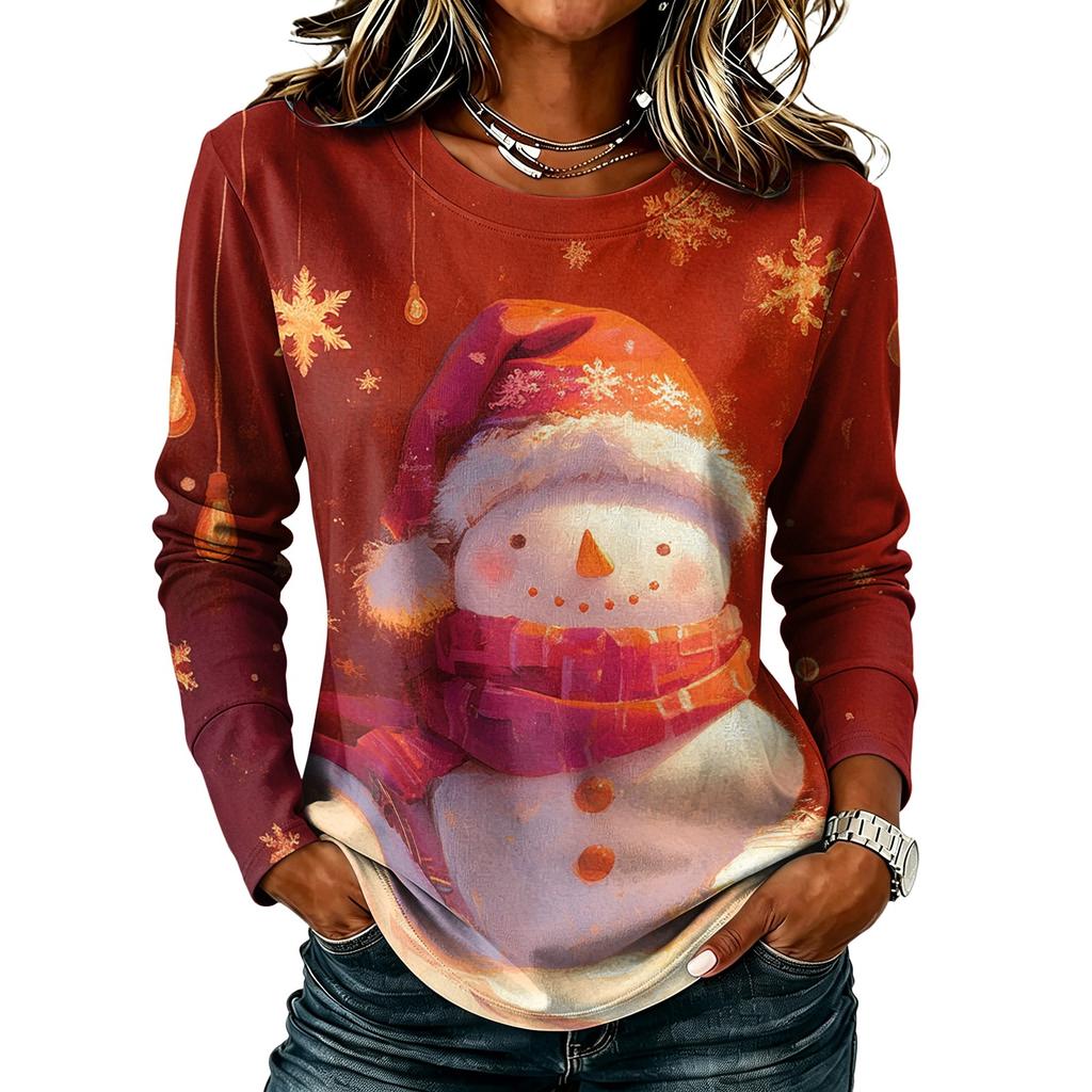 Women's Stylish Casual Christmas Print Long Sleeve Neck Top for Winter Holiday