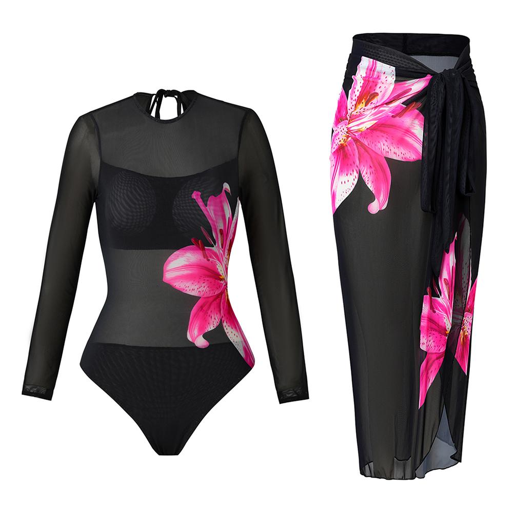 2025 Long Sleeve Sheer Sun Protection One-Piece Set Swimsuit Women Sexy Rash Guard Swimwear Bodysuit Beachwear With Coverup