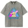 Fashion Trend Puppy Print Women Washed T-Shirt Loose Oversized Couple Short Sleeve Distressed Top Spot Tees
