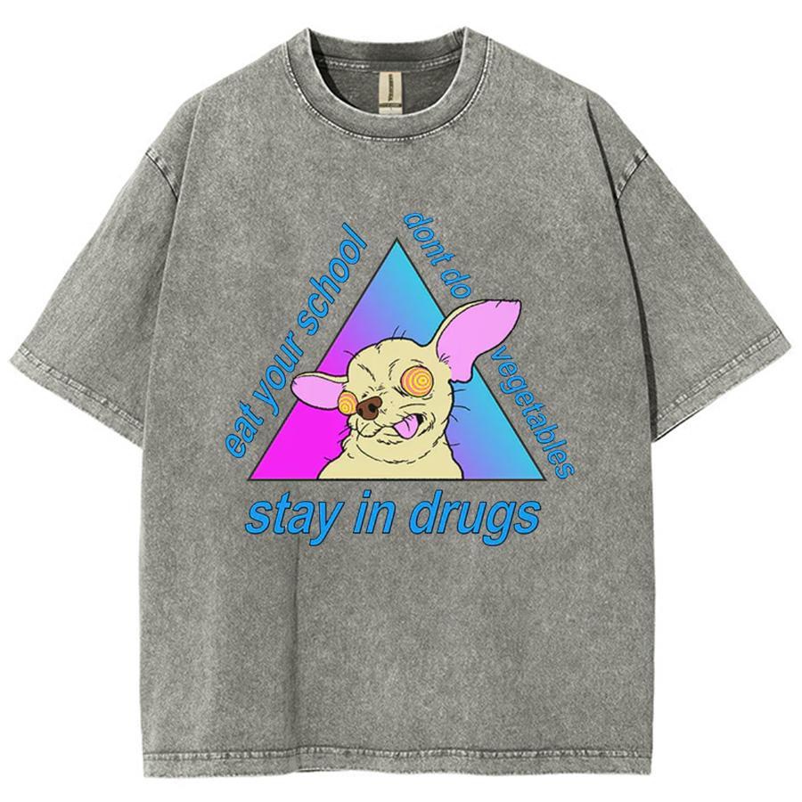 Fashion Trend Puppy Print Women Washed T-Shirt Loose Oversized Couple Short Sleeve Distressed Top Spot Tees