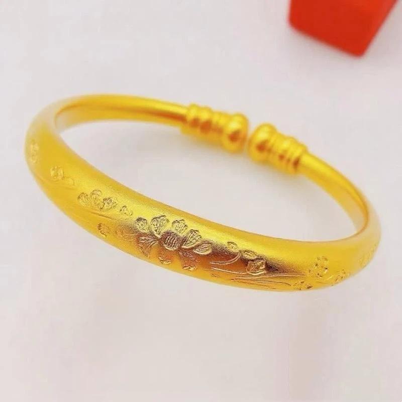 Gold Plated Open Cuff Bangle Boho Carved Floral Pattern Fadeless Durable Shiny Jewelry for Gift Daily Wear