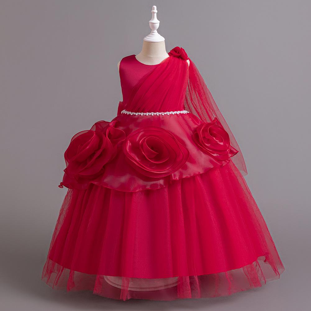 Middle and Large Children's Dress Long Large Flower Department Asymmetric Princess Dress Host Piano Performance Dress 932 Girl's Favourite Dress