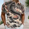 Men s Plus Size Grey Short Sleeve Quarter Zip Printed Plaid Collar Polo Shirt