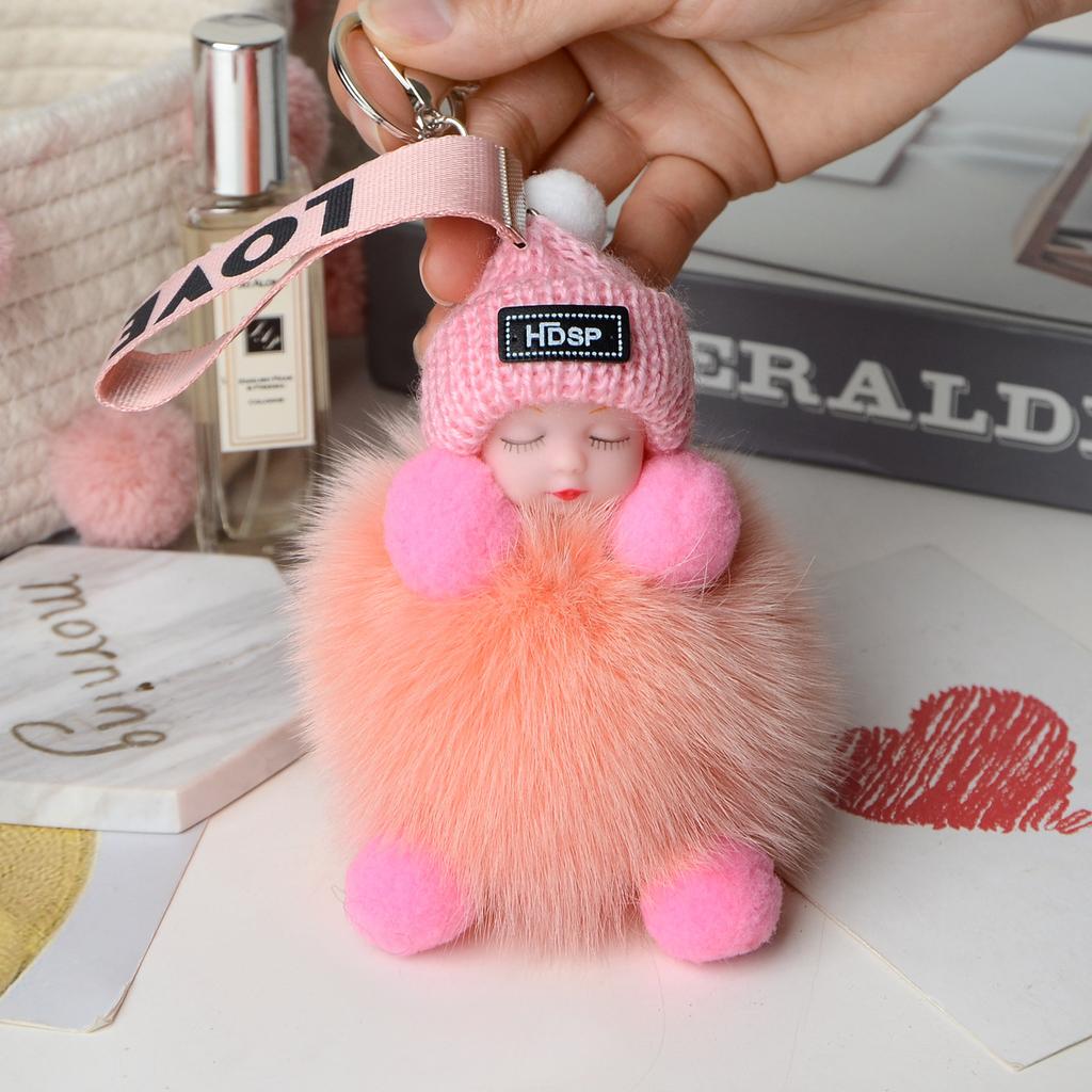 Pompom Sleeping Baby Keychain Cute Fluffy Plush Doll Keyholder Women Girl Bags Keyrings Cars Key Ring Gift Charming Decoration
