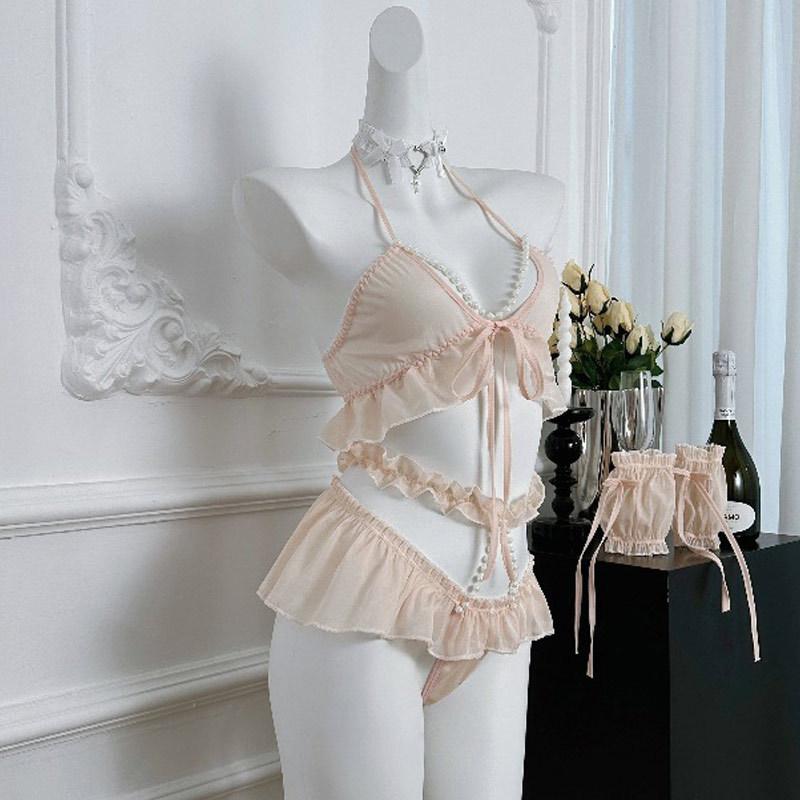 Sexy underwear Sexy breast pearl neck three-point lace uniform hip perspective cute woman