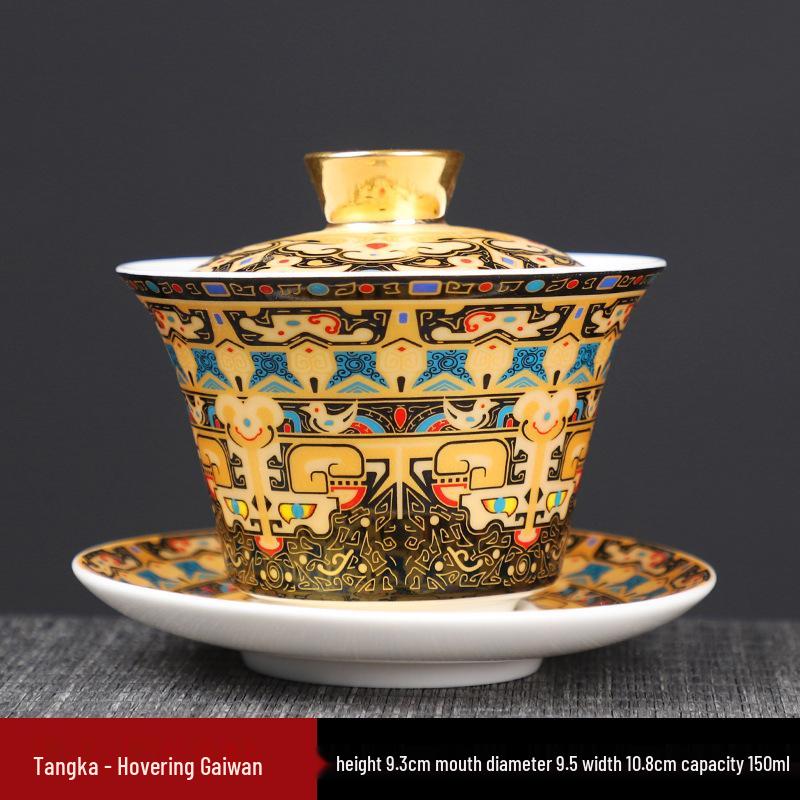 Thangka Jade Sancai Gaiwan Tea Set: High-End Kung Fu Style with Large Hand-Grip Bowl