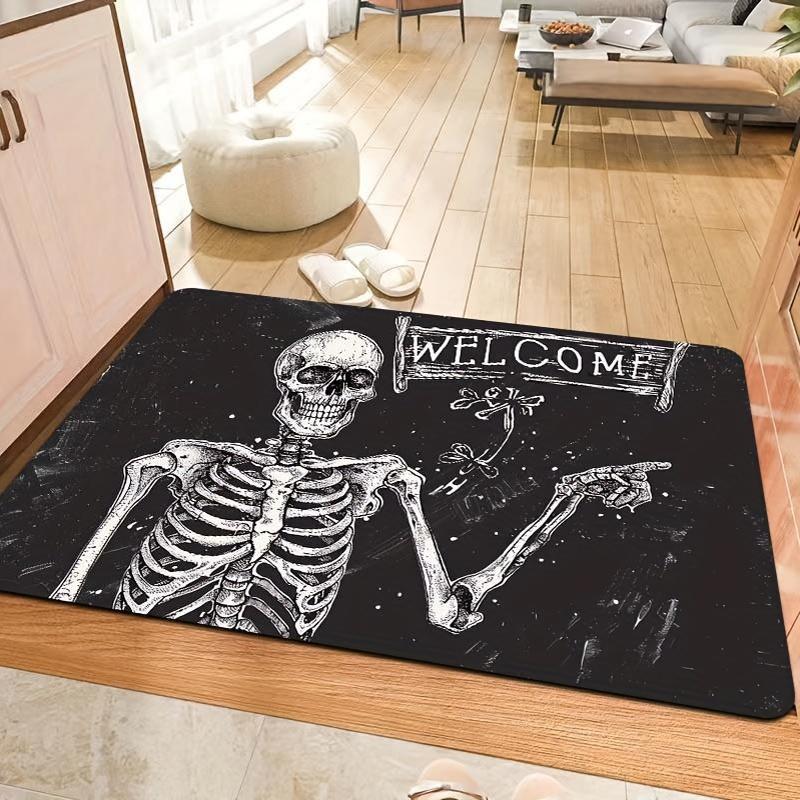 Cool Skull Welcome Door Mat, Soft Non-Slip Machine Washable Area Rug for Entryway Laundry Room Bathroom Kitchen Home Decor