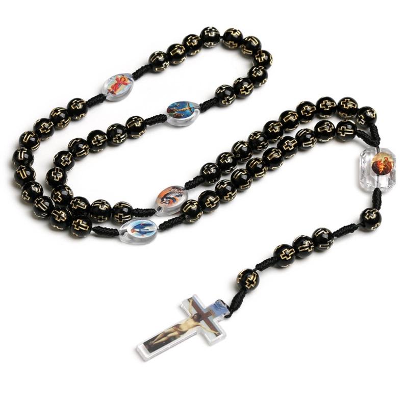 Handmade Plastic Beaded Necklace with Cross Pendant Fashion Catholic Cross Rosary Necklace Jewelry for First Communion