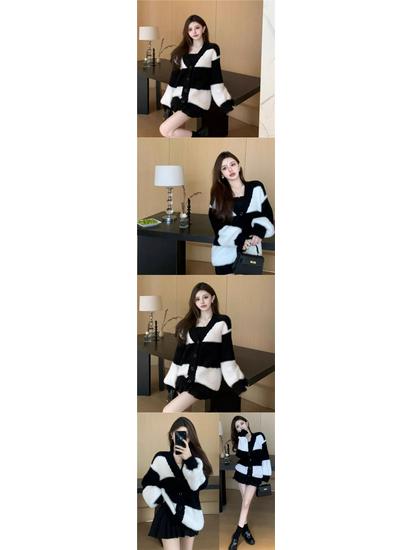 Women's Striped Knit Loose Mink Sweater - Korean Style Soft Thick Cardigan for Autumn/Winter